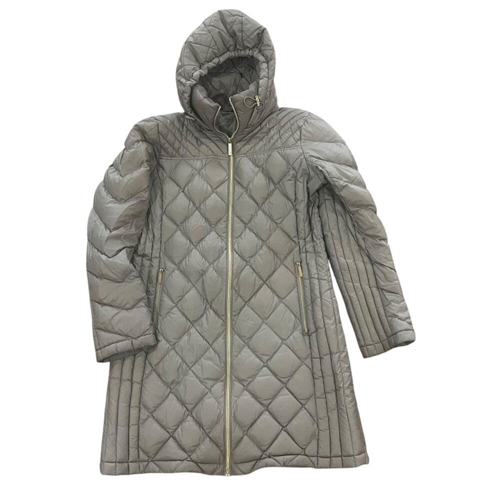 Michael Kors Women Tan Medium Lightweight Diamond Quilted Hooded Down Fill Coat